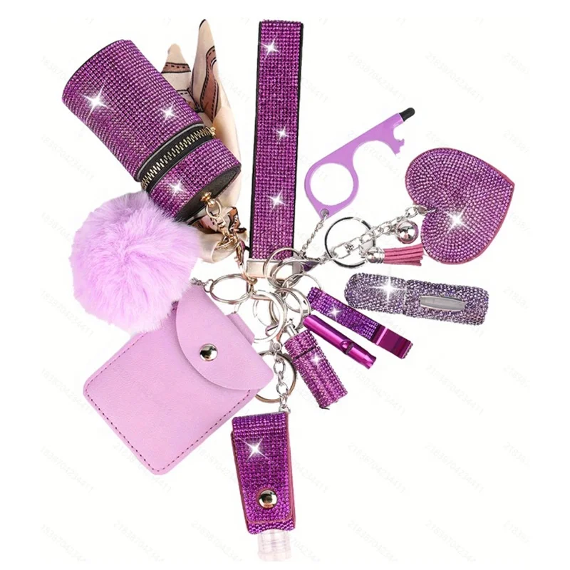 Wholesale Women Self Defense Supplies Rhinestone Bling Personal Self-defense Tool Keychain Set Custom Girl Self Defense Keychain