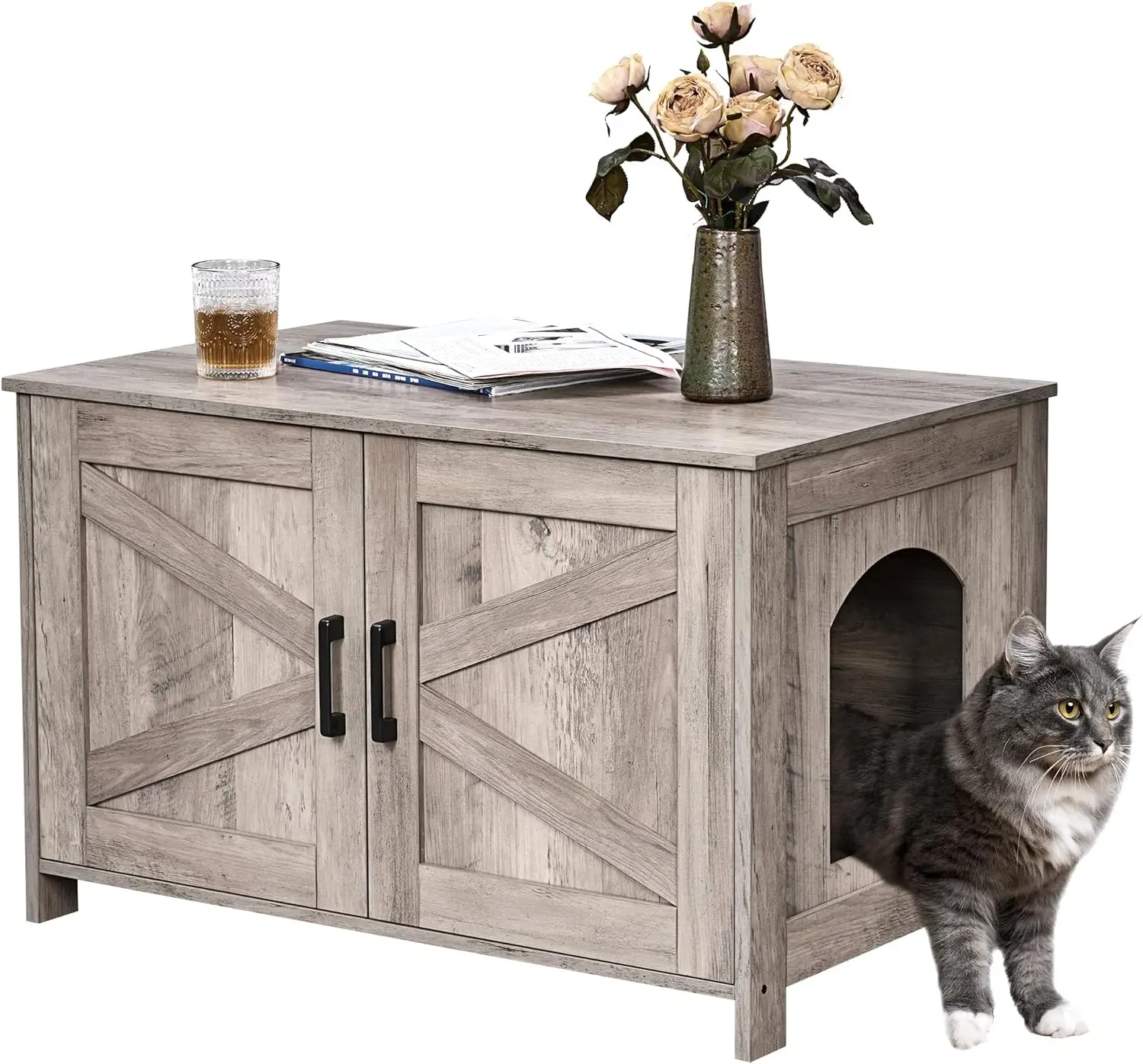 Combohome High Quality Litter Box Furniture Hidden with Barn Door Wooden Cat Washroom Cabinet, Indoor Cat House