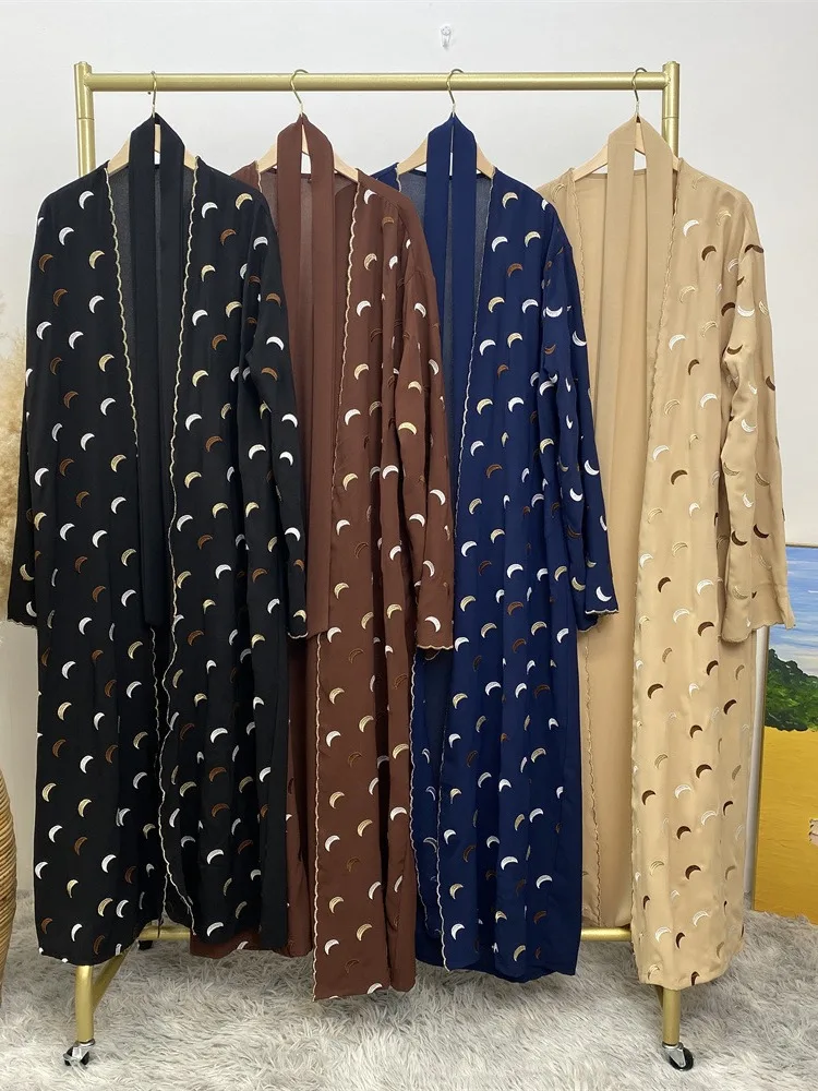 Bicomfort Ramadan New Crepe 2 Pieces Abaya Set Gold Border Pretty Moon Embroidery With Pockets Women Cardigan With Hijab 4 Color