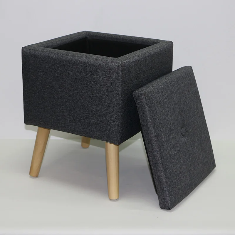 Reatai Modern Hot Sale Dark Grey Wood Sofa Footstool with Wood Legs Gray Fabric Storage Space Table Ottoman Stool