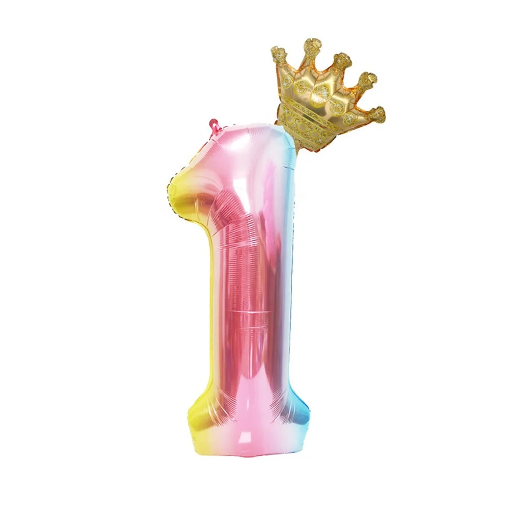 Mylar Rainbow 32 inch Foil Balloons White Pink Crown Birthday Party Supplies Number Balloons with Crown for Birthday