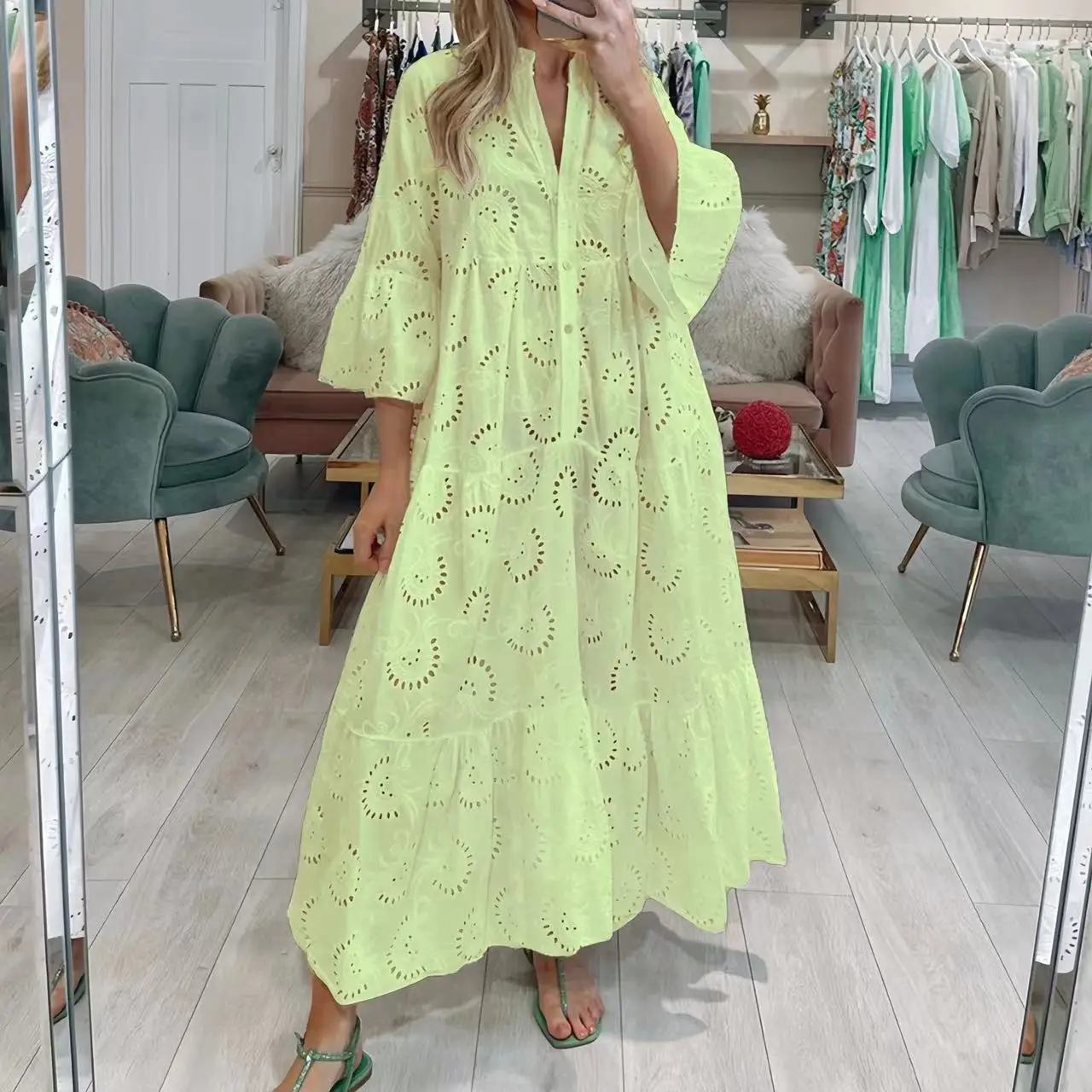 White Oversized Dress Women Hollow Out Casual Long Dress Female Solid V Neck Ruffle Skirt Flare Sleeve Women Beach Dresses