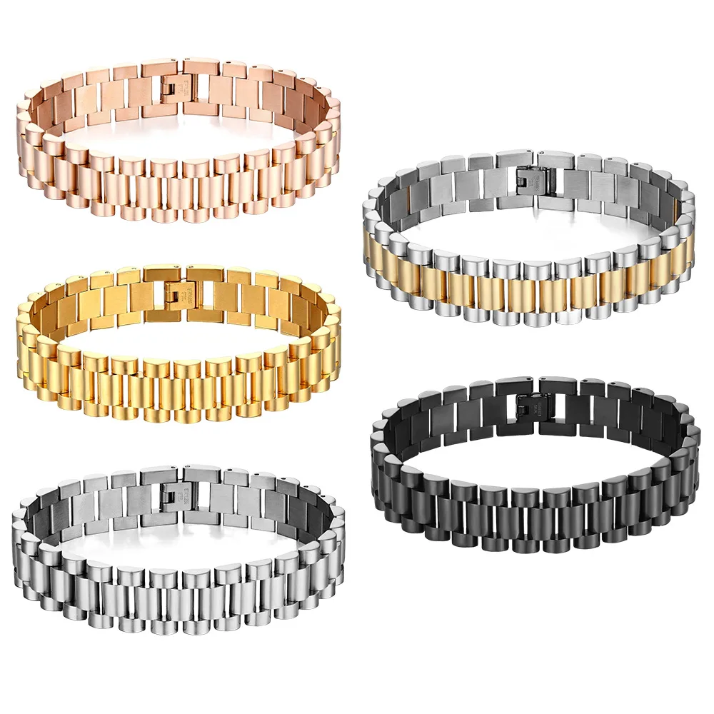 10mm Men Bracelet 18k Gold Plated Stainless Steel Strap Fine Jewelry Bracelets & Bangles