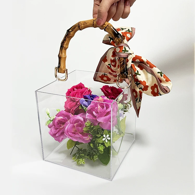High quality Clear Acrylic Flower BOX  Rectangle acrylic box for flower gift boxes with bamboo handle