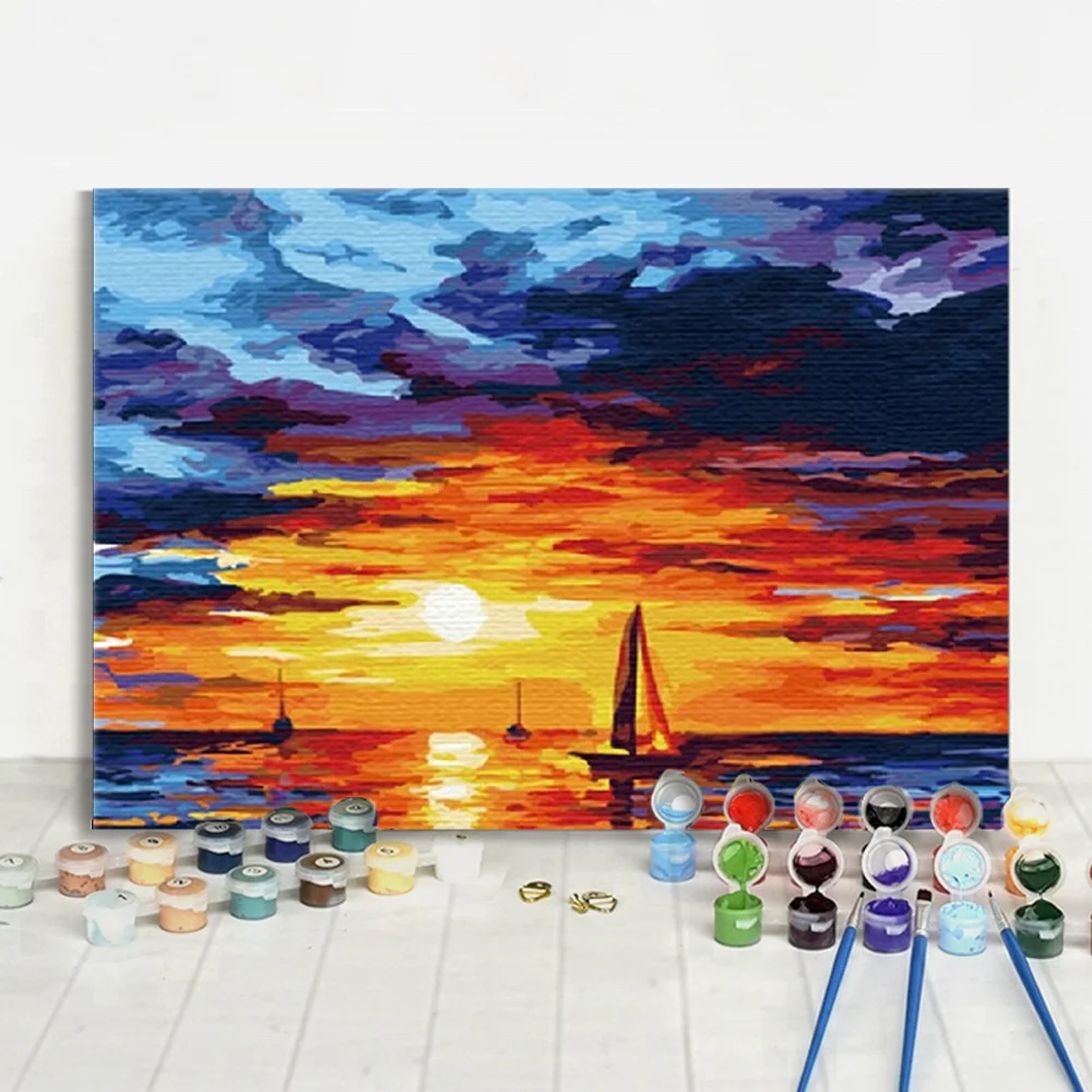 Hot Selling Sailboat Sea Sunset Glow Landscape Impressionism Art DIY Painting By Number Kit