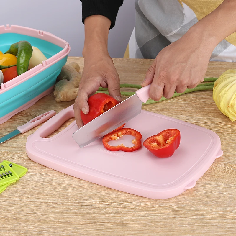 2024 New Design Kitchen Tools dishwasher safe Multifunctional Cutting Board Set With Folding Drain Basket