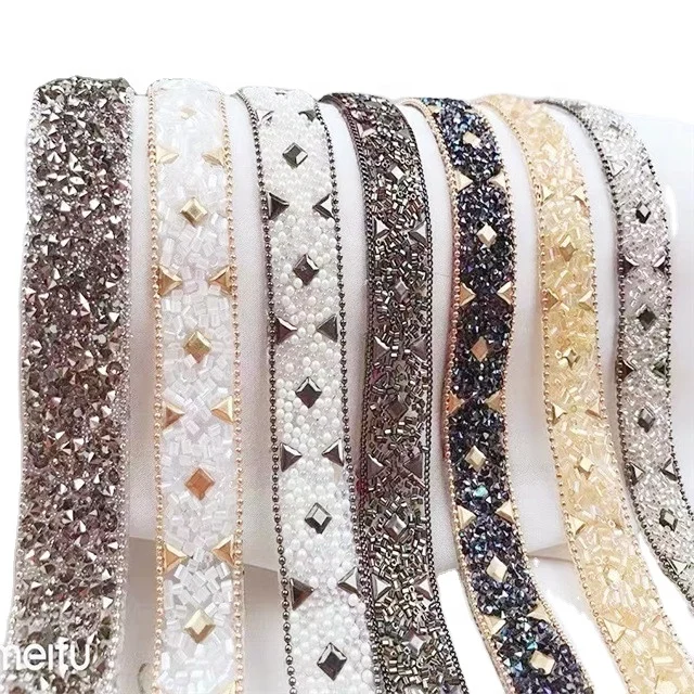 adhesive Pearl Square Glass Rhinestone Chain beaded Decorative Lace Trimming Hot Fix Trim