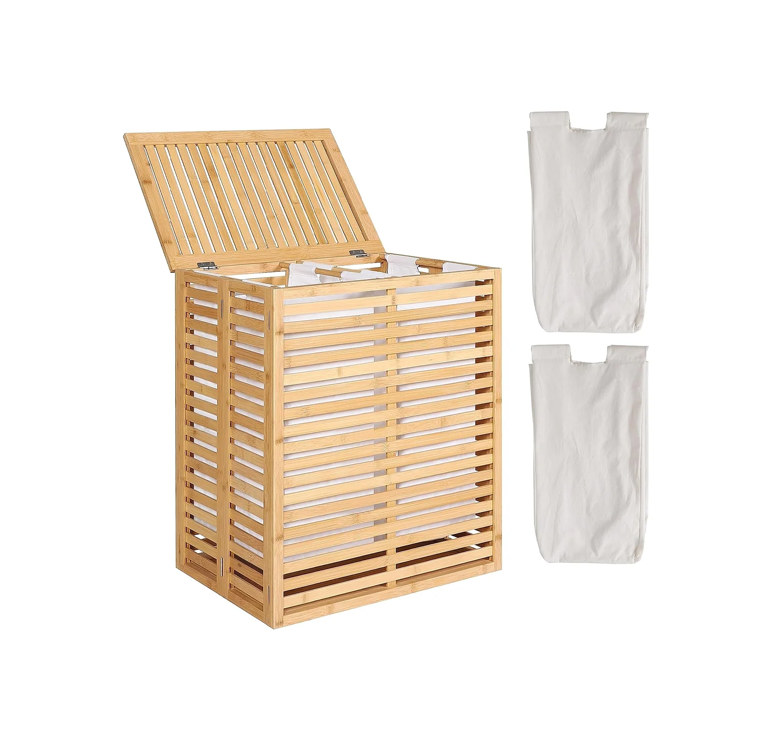 Hot Selling Bamboo Foldable Laundry Hamper 2 Compartment With Removable Liners Bags, Divider Dirty Clothes Hamper
