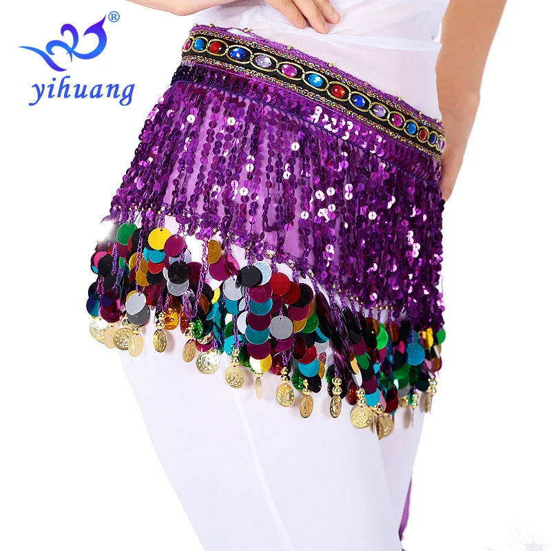 Women Hot Sale Halloween Costumes Hip Skirt Sexy Sequined Tassel Bellydance Hip Scarf Festival Wrap Mini Skirt with Sequins Coin