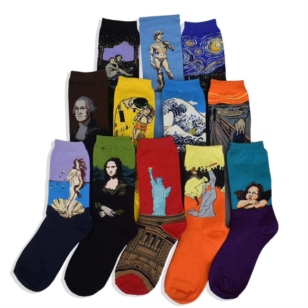 Funny personality Men Socks famous Classic Art Oil Painting Van Gogh Mona Lisa Gustav Klimt Fashion Long Cotton Socks Wholesale