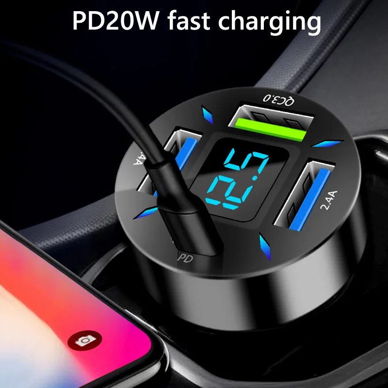 66W 4 Ports USB PD Quick Car Charger QC 3.0 Type C Cigarette Lighter 12V USB C Car Charger for Mobile Phone