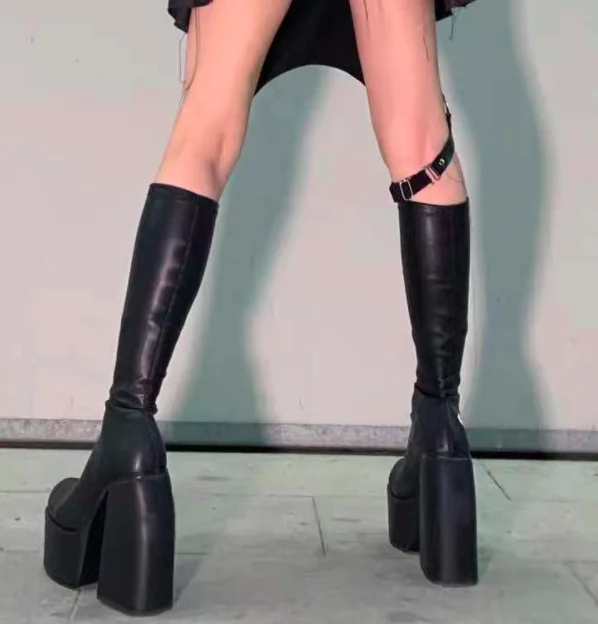 punk style autumn winter boots elastic microfiber shoes woman ankle boots high heels black thick platform long knee high boots