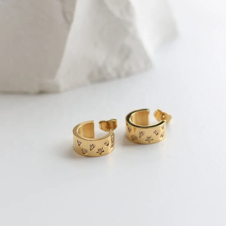  Inlay CZ Stone Star Design Earrings Minimalist Stud Huggies Classic Girls Accessories Jewelry Small Hoop Gold