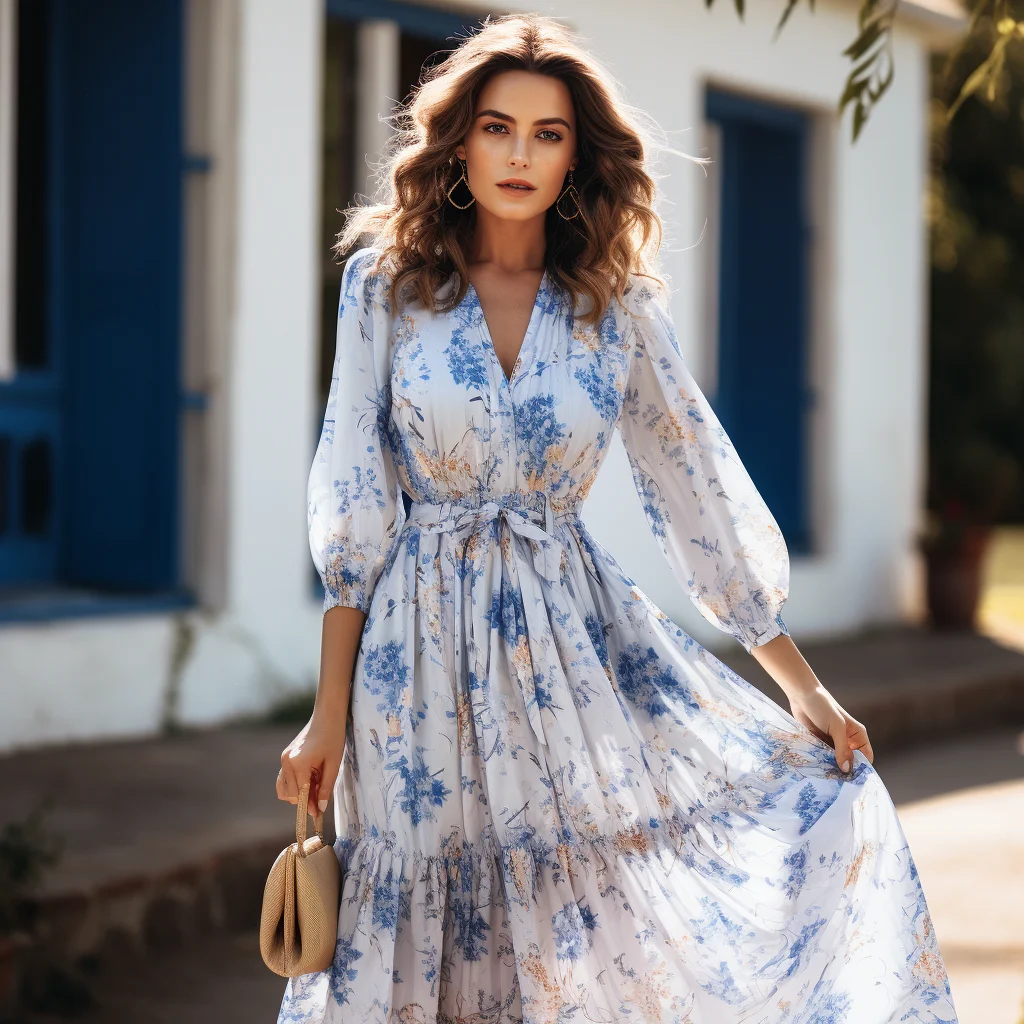 Tao Odm Design V Neck Simple Dress Women Floral Print Casual Custom Autumn Printed Dress