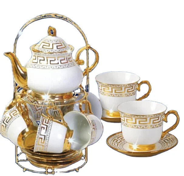 
13pcs with stand Porcelain tea set, cup and saucer, gold plated tea set 