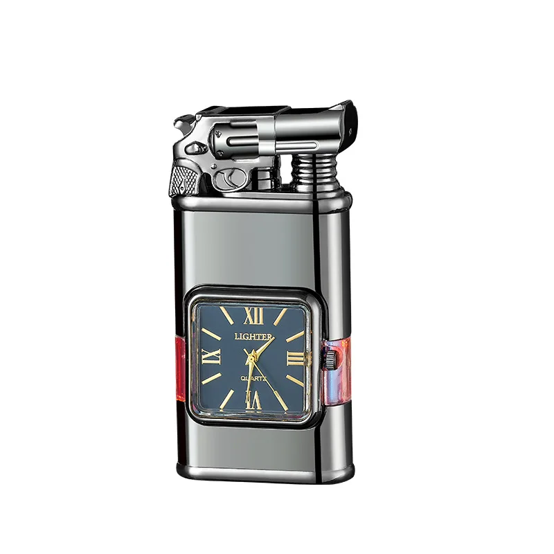 Custom Logo Dual Flame Gun Torch Lighter Creative USB Style Metal Watch with Transparent Gas Tank