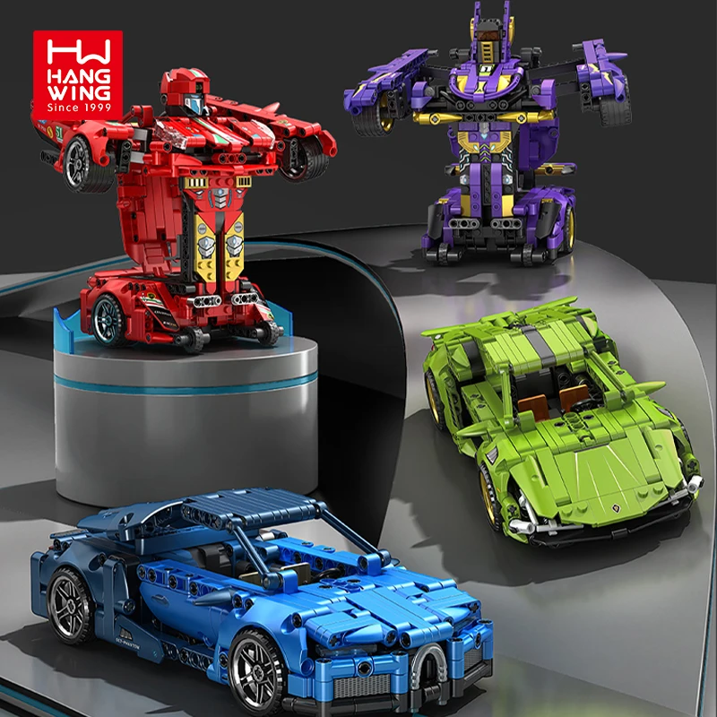 HW Toys Diy Bricks Pull Back Direct Force Straight Change Cars Transformation Robot Sports Car Building Blocks Sets For Kids