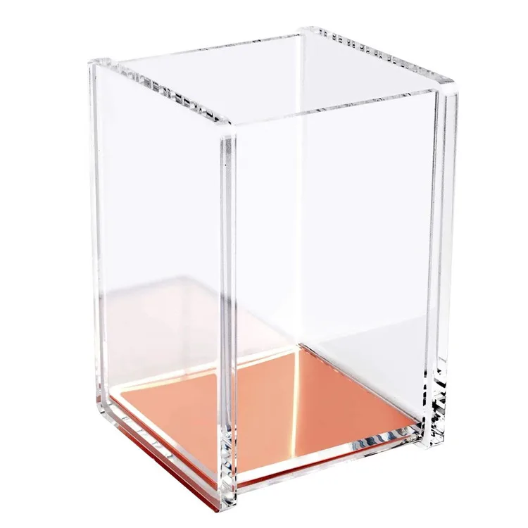 Clear Rose Gold Acrylic Square Pen Holder Pencil Cup Desktop Stationery Organizer