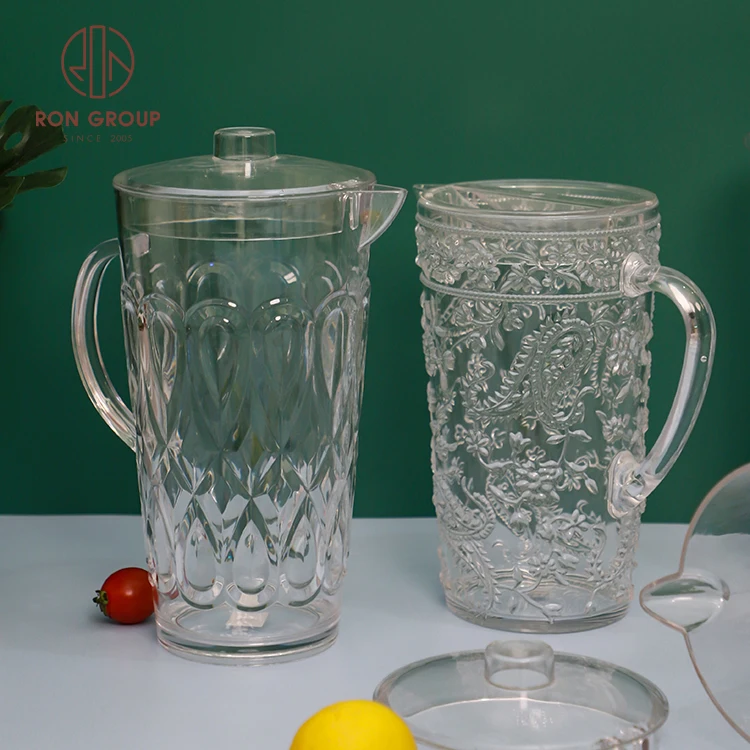 Transparent Embossed Shatter-proof Pitcher with Handle Spout Drinking Restaurant Wedding Party Plastic Jugs