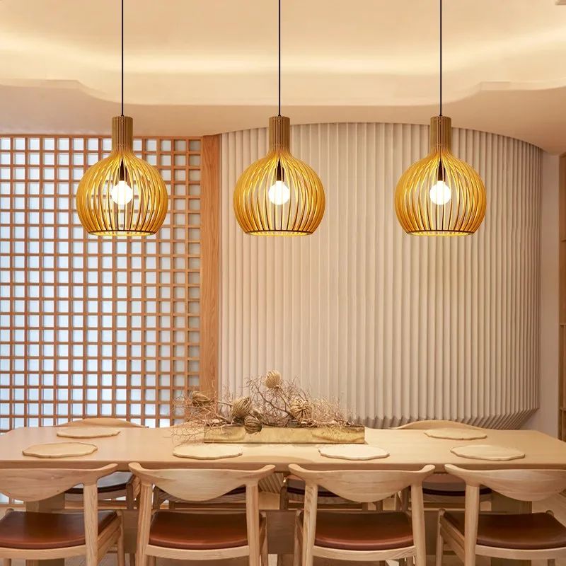 Creative Wood Frame Pumpkin Shape Chandelier For Dining Room Bedroom Study Room Japanese Restaurant