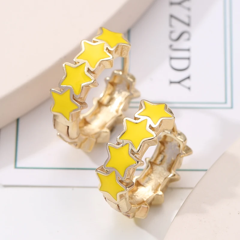 Trendy Stars Pattern Enamel Earrings Wholesale Handmade Gold Plated Huggie Hoop Earrings Jewelry