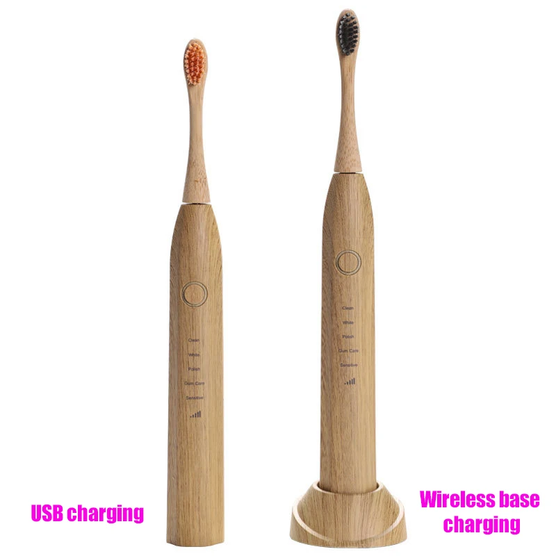Хит продаж экологически чистая перезаряжаемая ультразвуковая бамбуковая электрическая зубная щетка с головками из древесного угля