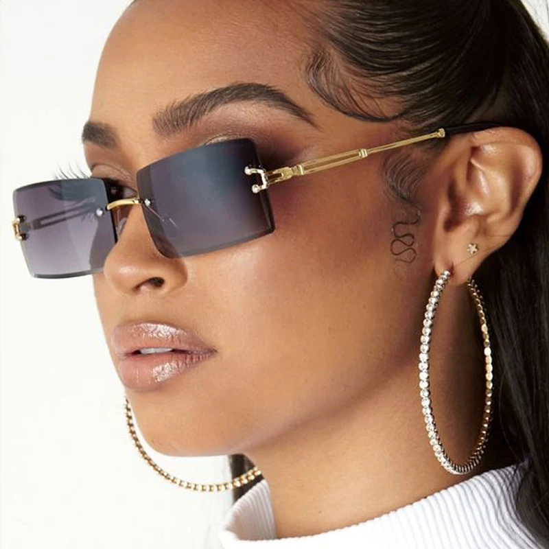 
NQ1966 women rimless sunglasses with free pouch fiber cloth clear small rectangle retro 2021 trendy sunglasses 