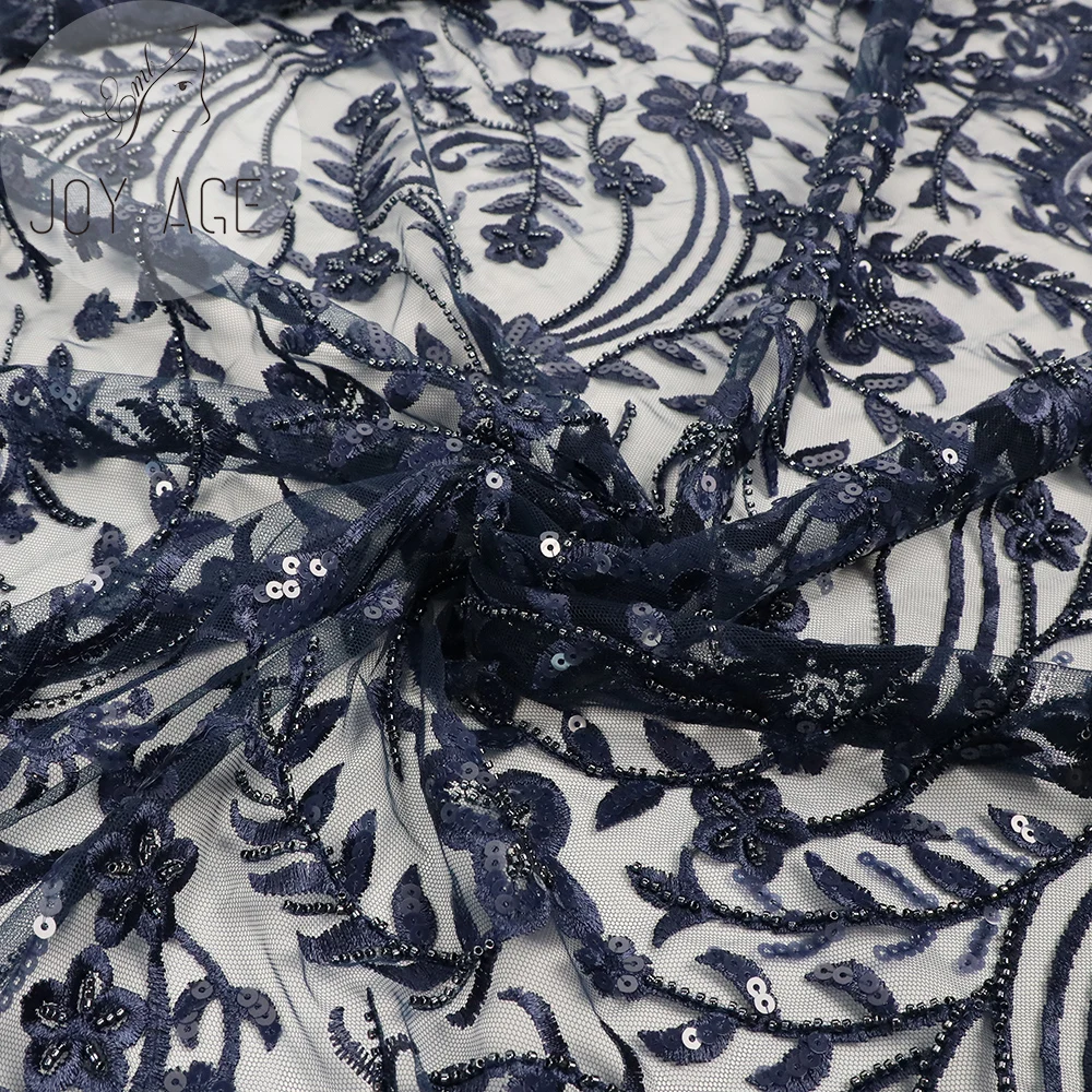 Wholesale 2021 French Women Evening Dresses Blue Mesh Embroidery Flowers Tulle Heavy Beaded Lace Fabric With Sequence Sequin