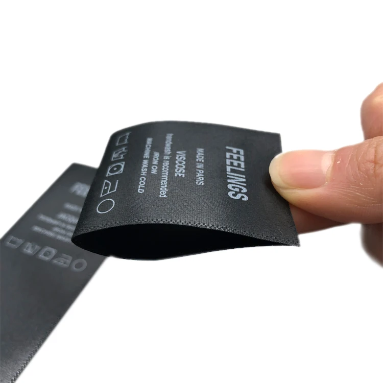 Custom Label Print Neck Tags Woven Edge Brand Logo Shiny Black Satin Denim Jeans Main Labels for Clothes
