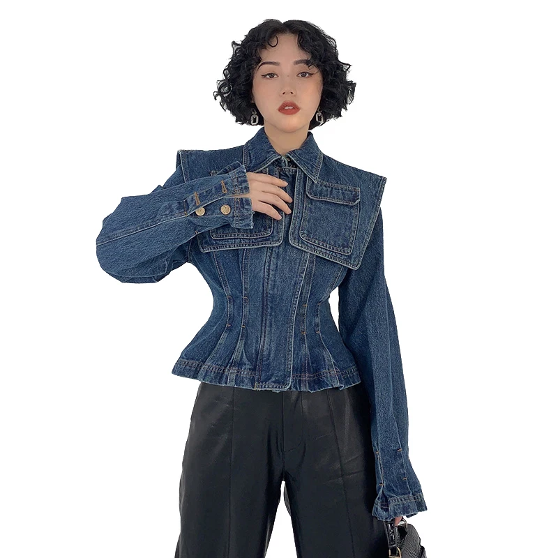 TWOTWINSTYLE Blue Lapel Long Sleeve Slim Short Tops Pockets Cropped Denim Jacket Women