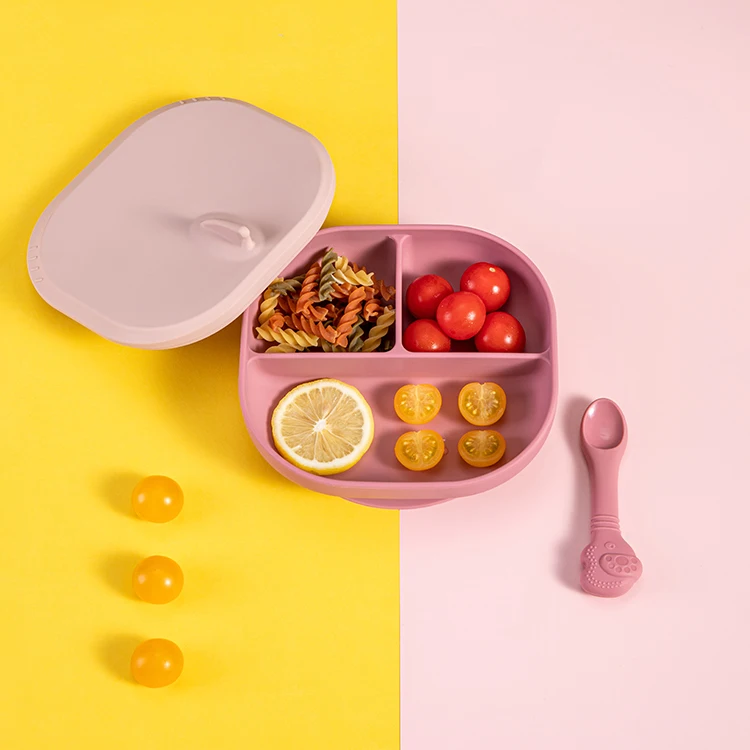 
BPA Free Toddler Kids Children Divided Toddler Dinner Feeding Plate Silicone Baby Suction Plate with Lid 