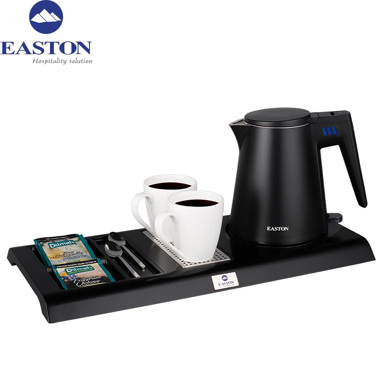 Elegant design hotel guest room coffee table set black kettle with matching holding tray