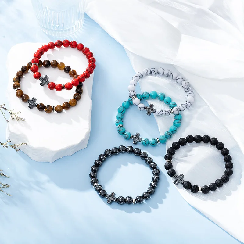 Zinc Alloy Natural Stone healing gemstone beads bracelet Cross Bracelets fashion jewelry