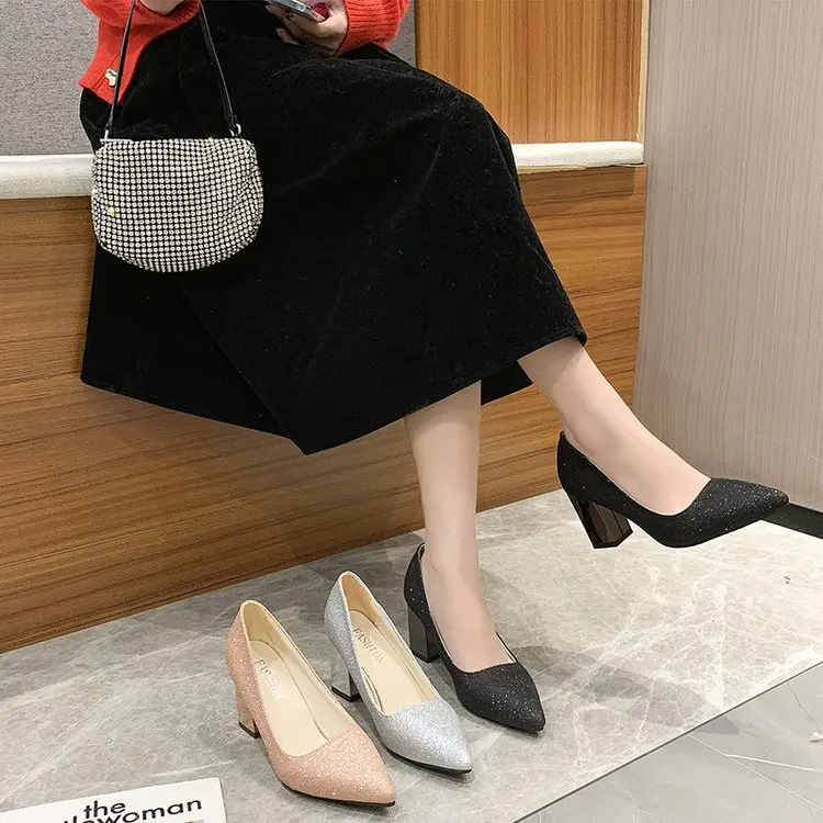 Women Big size Wedding shoes Sweet Noble Gold Silver Sequins Wedding Bridesmaid Chunky heels Fashion Leisure Shallow mouth Pumps