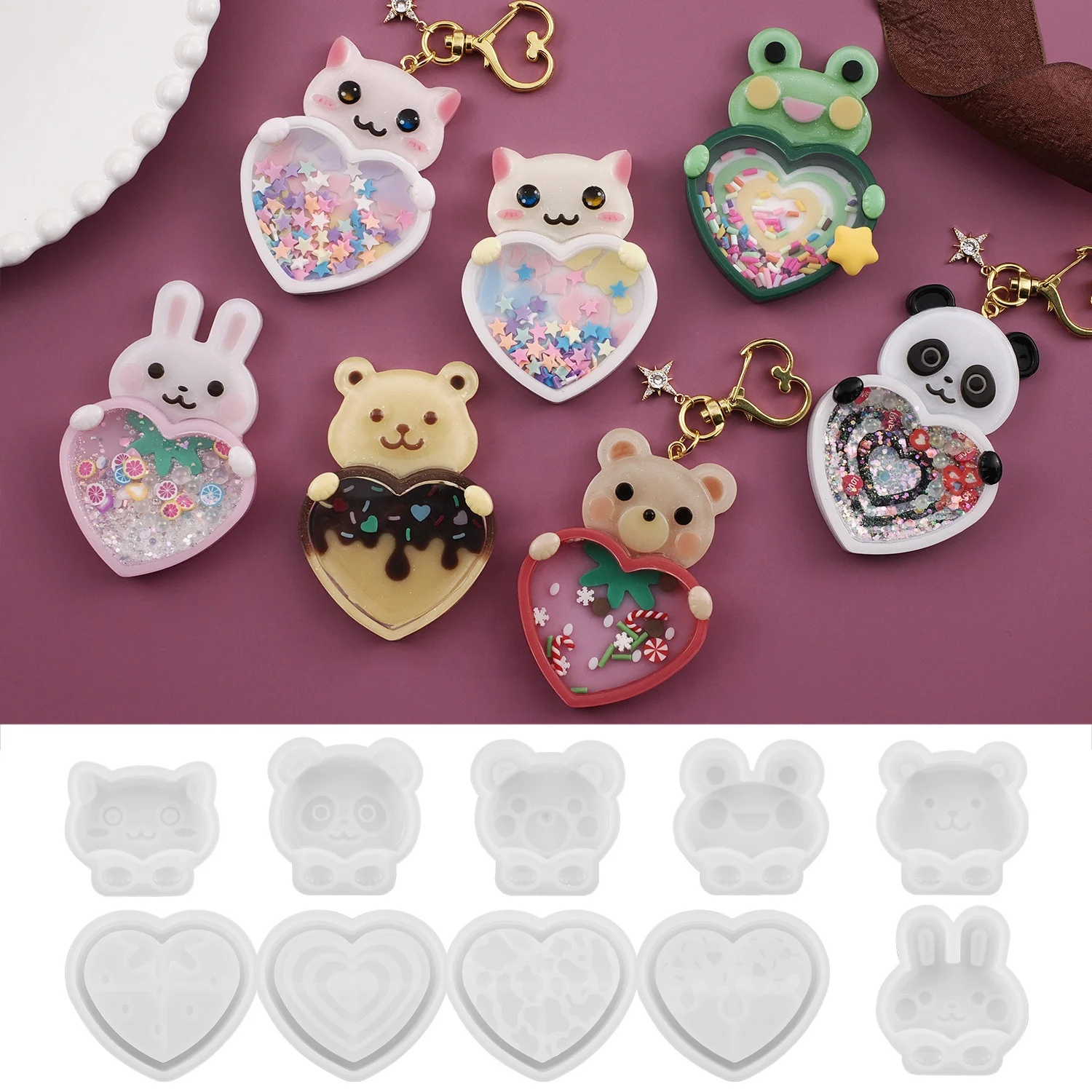 DM852 Animal Cat Rabbit Bear Frog Quicksand Box Epoxy Resin Silicone Mold Love Shaker Bottle Keychain Pendant Jewelry Mould
