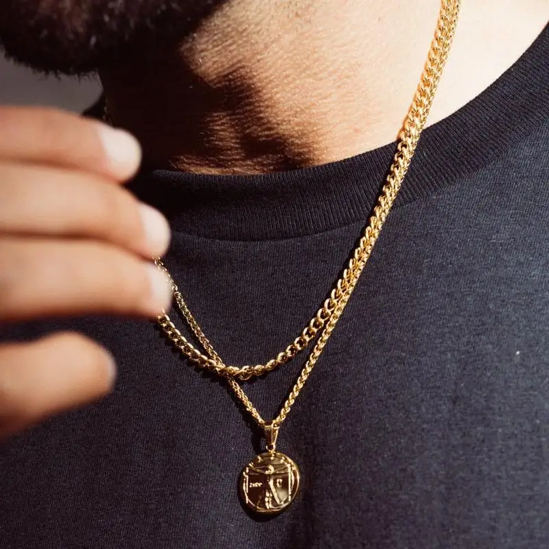 Stainless Steel Gold Jewelry Carved Zwilling Vitruvian Danity Golden Ratio Coin Jesus God Easter Necklace Pendant Men