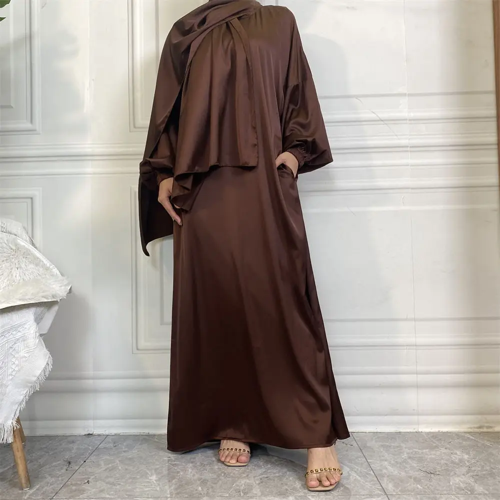 6675# New Style Satin Muslim Long Dress with Hijab Pray Islamic Women Saudi Arabia Modest Dresses