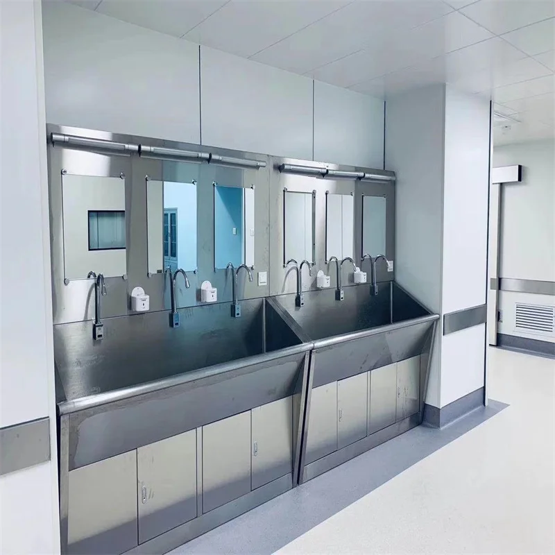 Hospital Equipment Medical Machine and Accessories Hand Washing Station 3 Person Stainless Steel Sink with LED Mirror