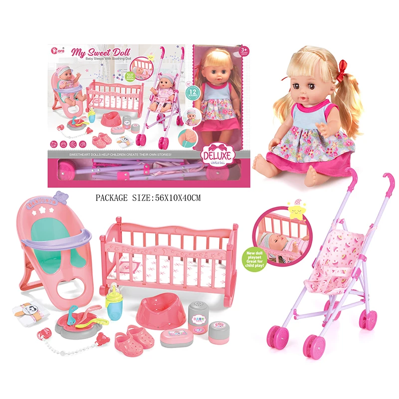 12 Sounds 14 Inch Drinking Water Pee Silicone Baby Reborn Doll Stroller Pretend Play Toys for Kids Girls Dolls Accessories Toys