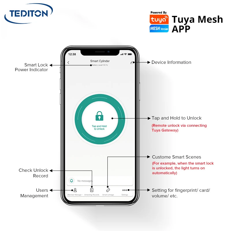 Tediton Tuya APP Remote Unlock Digital Biometric Smart Door Lock Cylinder for Home Apartme
