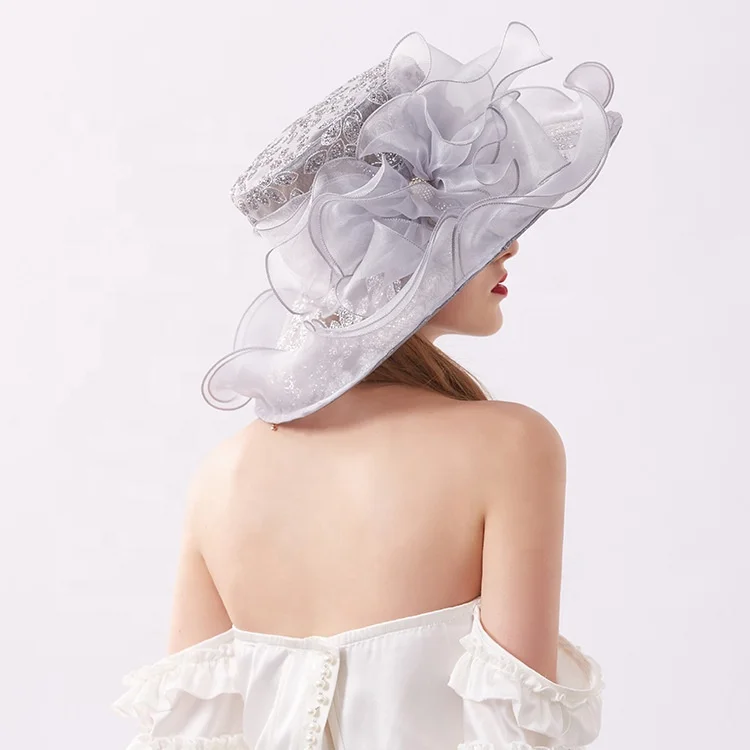 Classy Rhinestones Bling Church Hats Wedding White Organza Top Hat For