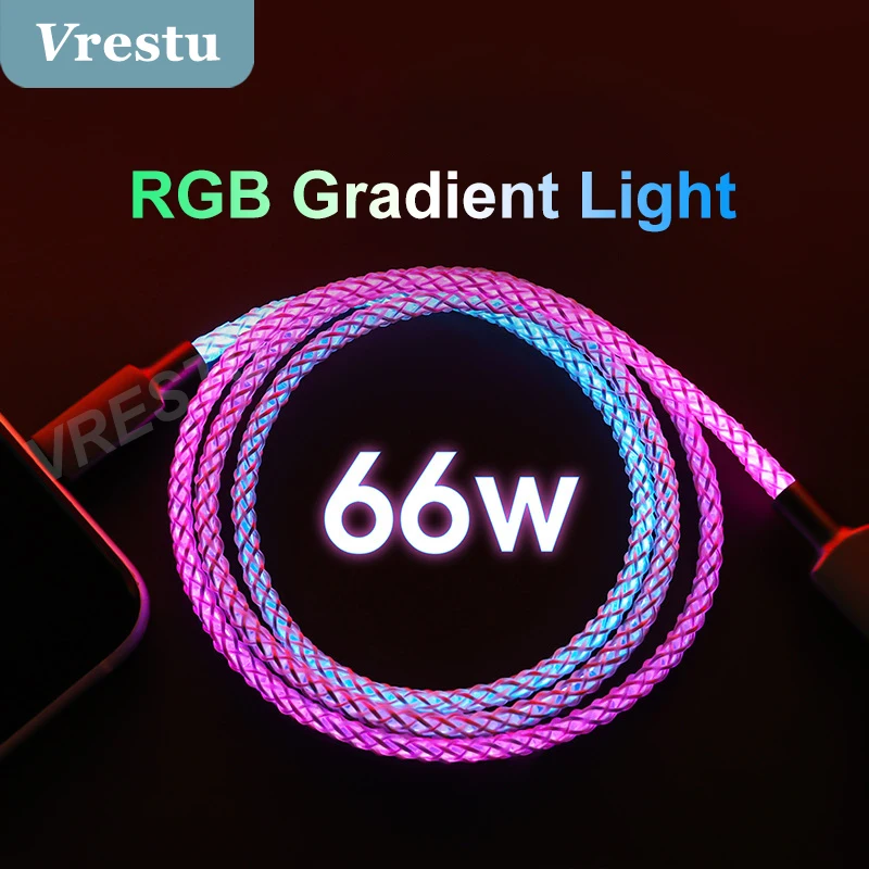 2022 Rgb 6a Fast Charge Cable Zinc Alloy Data Cable USB Type C LED Light Emitting Multicolor Gradient 66w Fast Charge Cable