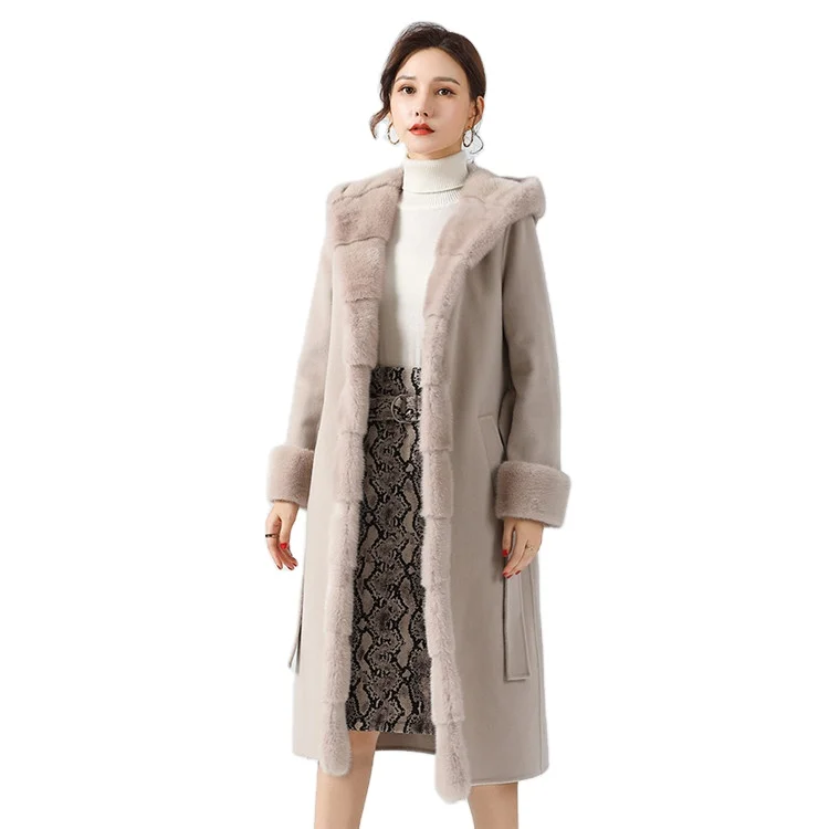 2021 New Real Hooded Wool Trench Coat Handmade Long Warm Wool Coat Women
