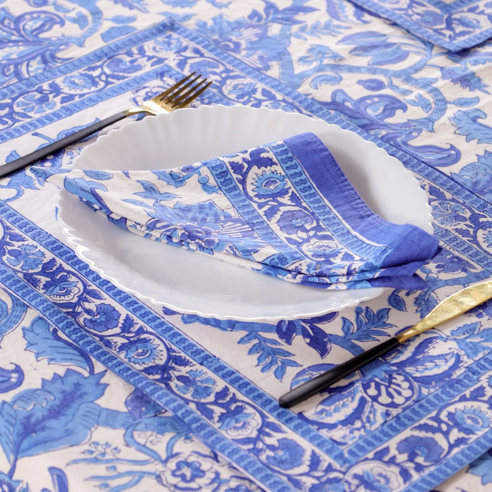 Blue Open Hand Block Printed Cotton Wedding Table Cloth Embroidered For Sale Best Quality Indian Material