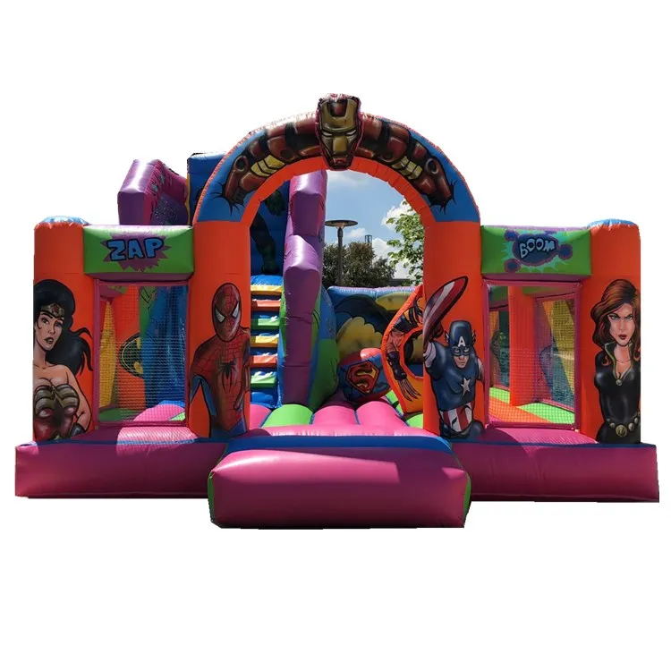 
Amusement park giant supper hero theme inflatable bouncy castle funny inflatable fun city air jumping obstacle 