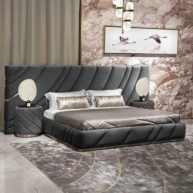 Italian high-end luxury villa large headboard king size bed set modern fashion ultrasound bedroom furniture set queen