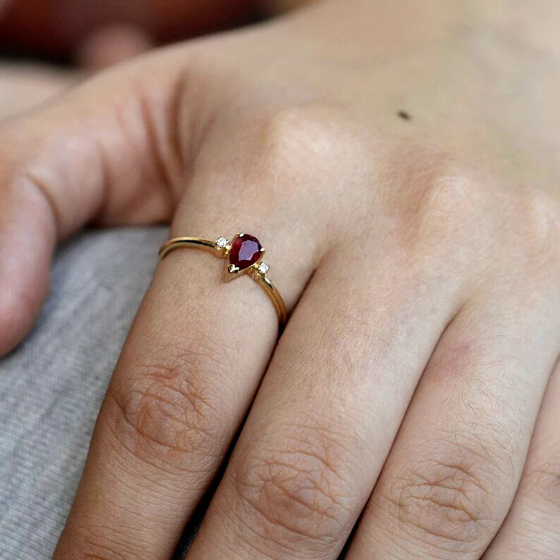 Pear Shape Ruby Gemstone Diamond SI Clarity G-H Color Band Ring Solid 14K Yellow Gold Handmade Fine Minimalist Wedding  Gift