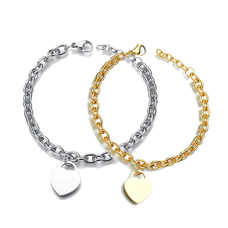 Hot Selling 2022 Toppik Jewelry Stainless Steel Chunky Chain Heart Charm DIY Lettering Name Engraving Bracelet