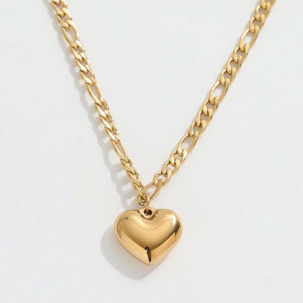 Joolim Jewelry Gold Plated Heart Pendant Figaro Chain Necklace Stainless Steel Jewelry Wholesale