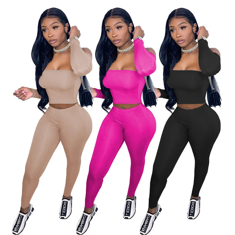 
Extra Small Clothing xs Outfits Off Shoulder Clubwear Crop Top 2PC Matching Set Women Clothing 2021 Fall Clothes Two Piece Set 